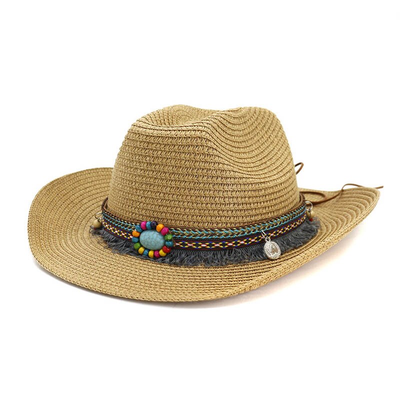 Western cowboy stråhatt etnisk stil håndlagde vevde cowboyhatter for kvinne mann dusk sommer western sombrero solhatt solskjerm: 2