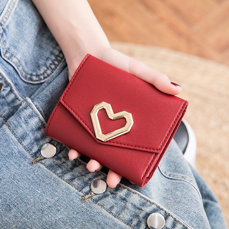Damen Brieftasche Metall Herz-Geformt Kurze Karte Vintage Koreanische Hipster PU Fall: red