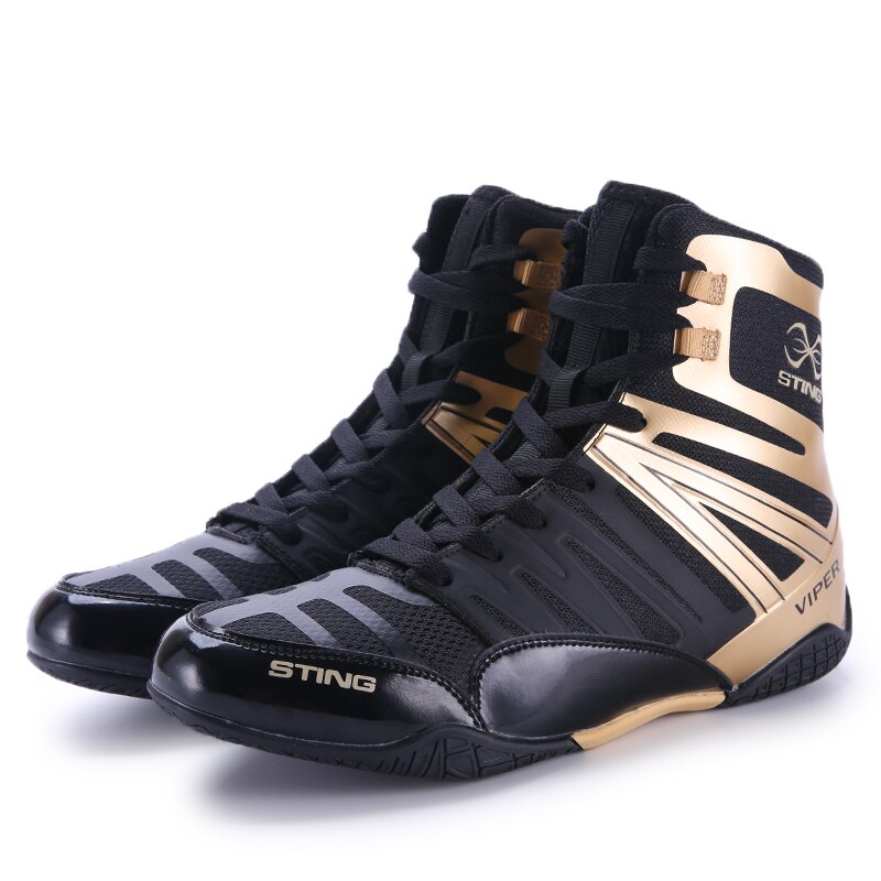 Spring Man Boxing Shoe High Top Sneakers Men Breathable Big Boy Wrestling Boots Anti-Slippery Pro Wrestling Shoe for Men: Black gold / 10