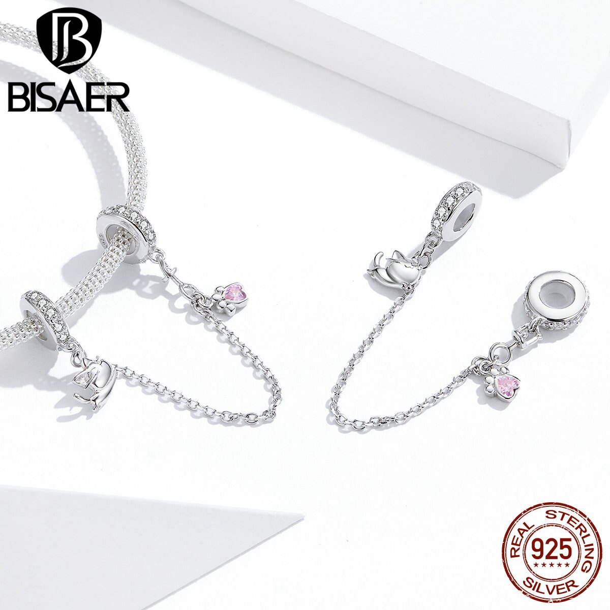 BISAER Pet Cat & Footprint Safety Chain 925 Sterling Silver Stopper Charms for Women Original Silver Bracelet Jewelry EFC243