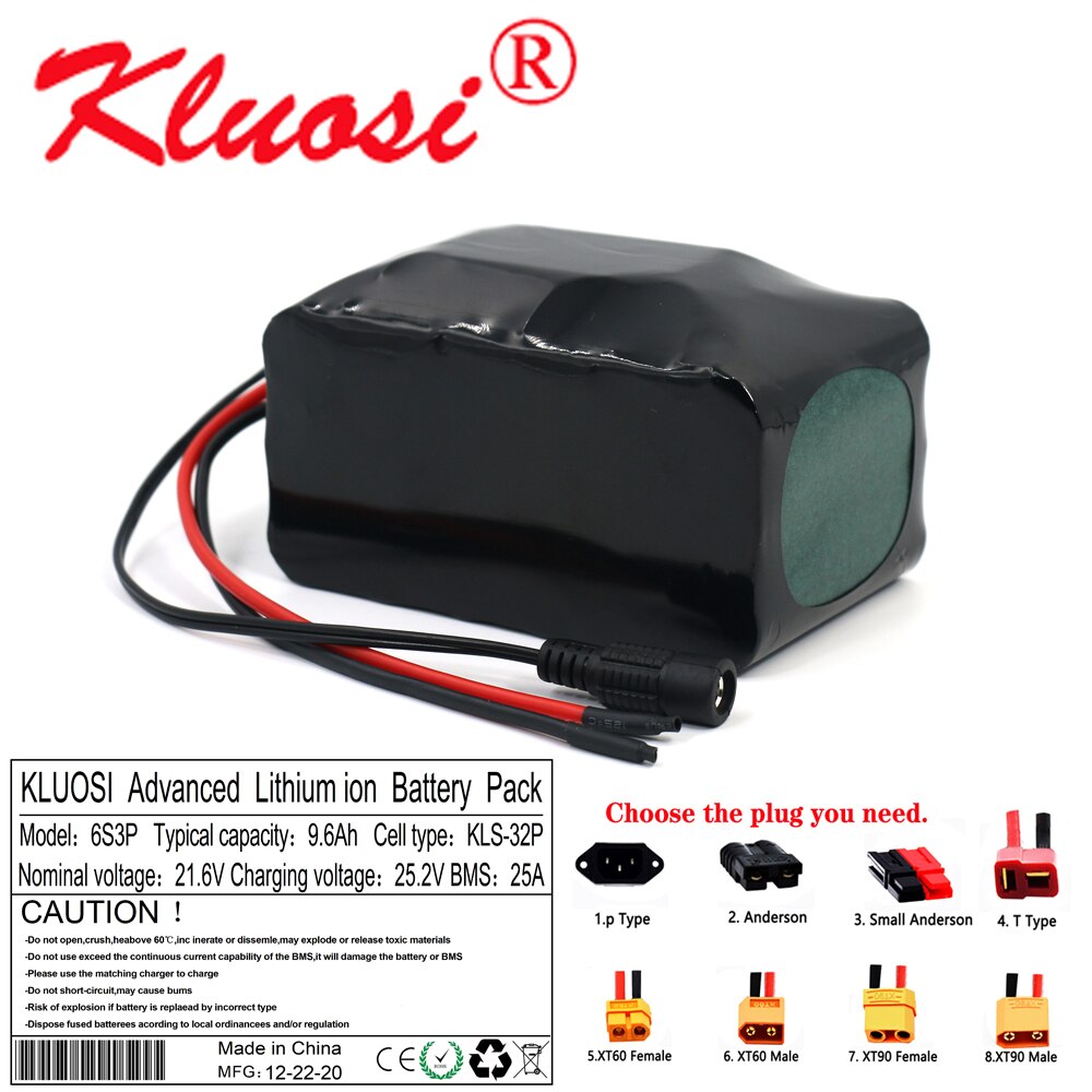 KLUOSI – batterie Lithium 6S3P 24V 9.6Ah 21.6V 10ah 25.2V, pour vélo électrique, Scooter, fauteuil roulant, avec BMS 25a