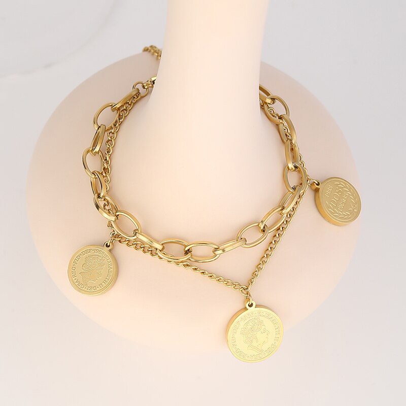 Brazalete con colgantes redondos con retrato Yhpup, joyería de acero inoxidable para mujeres, accesorios de pulsera de Metal dorado