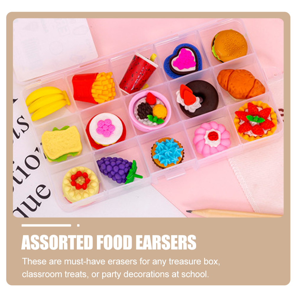 15pcs Kid Assorted Food Erasers Food Theme Erasers Cake Fruit Erasers (Random Style)