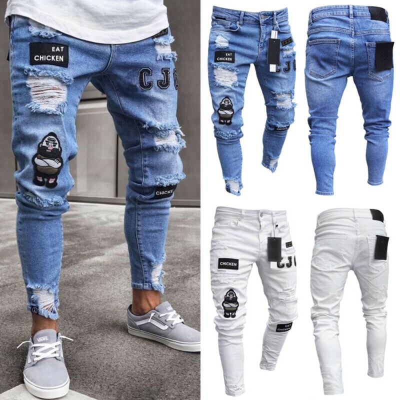 Brand Men Casual Stretchy Ripped Jeans Skinny Biker Jeans Destroyed Taped Slim Fit Denim Pants