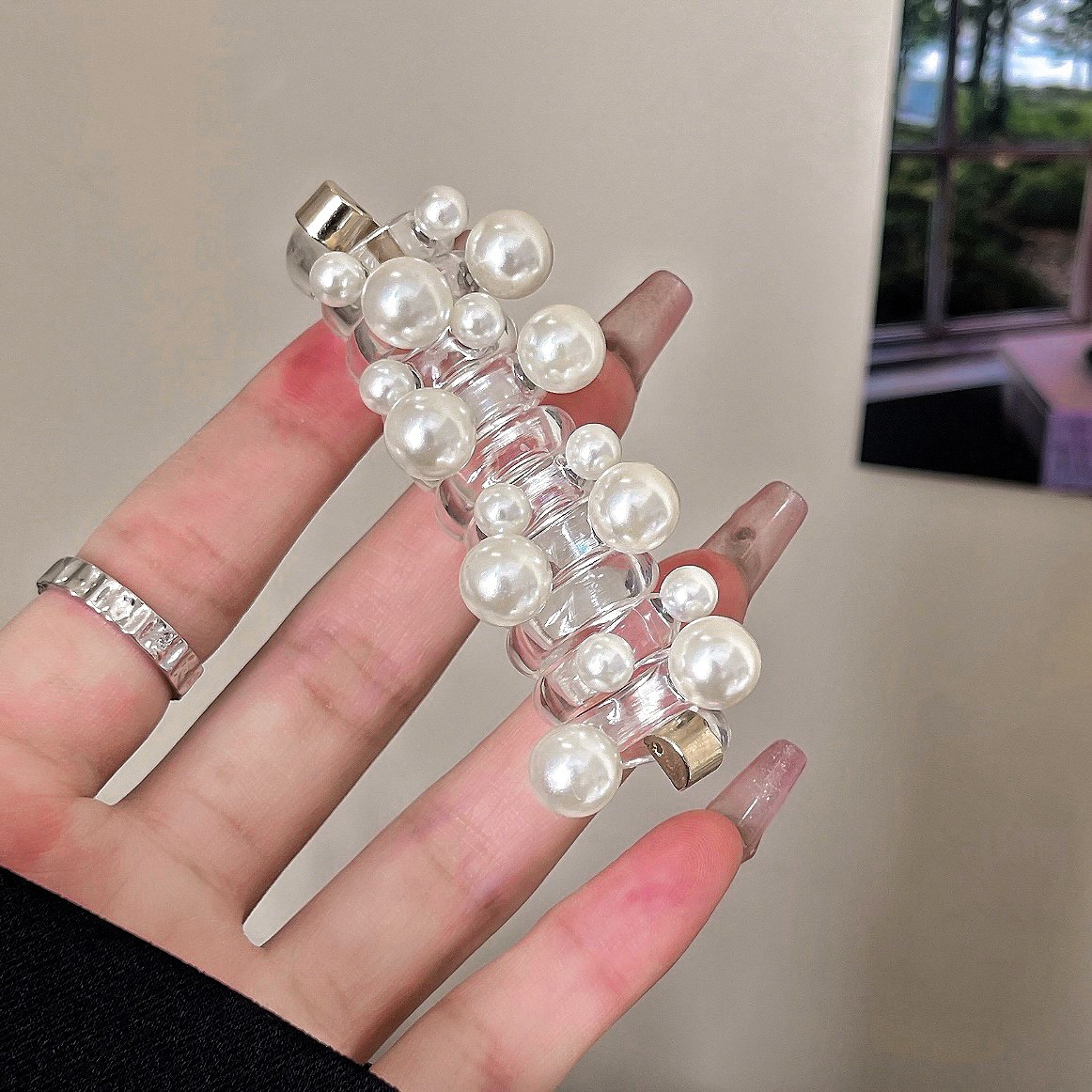 Nuevos anillos largos para el cabello para teléfono, tocados creativos de alta elasticidad, elegantes coleteros bajos con perlas, bandas para el cabello a la para mujer: Gris