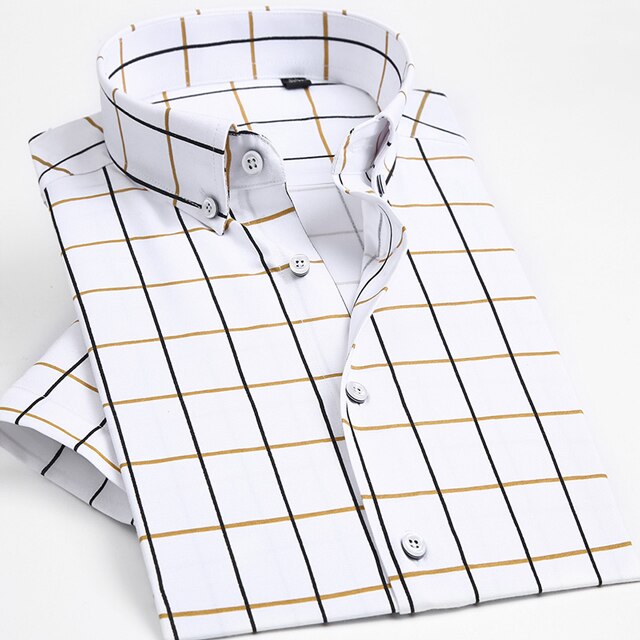Miesten kesäinen lyhythihainen modaalisekoite gingham paita korkea rento standard-fit napit ruudullinen ruudullinen paidat: Valkoinen / 38