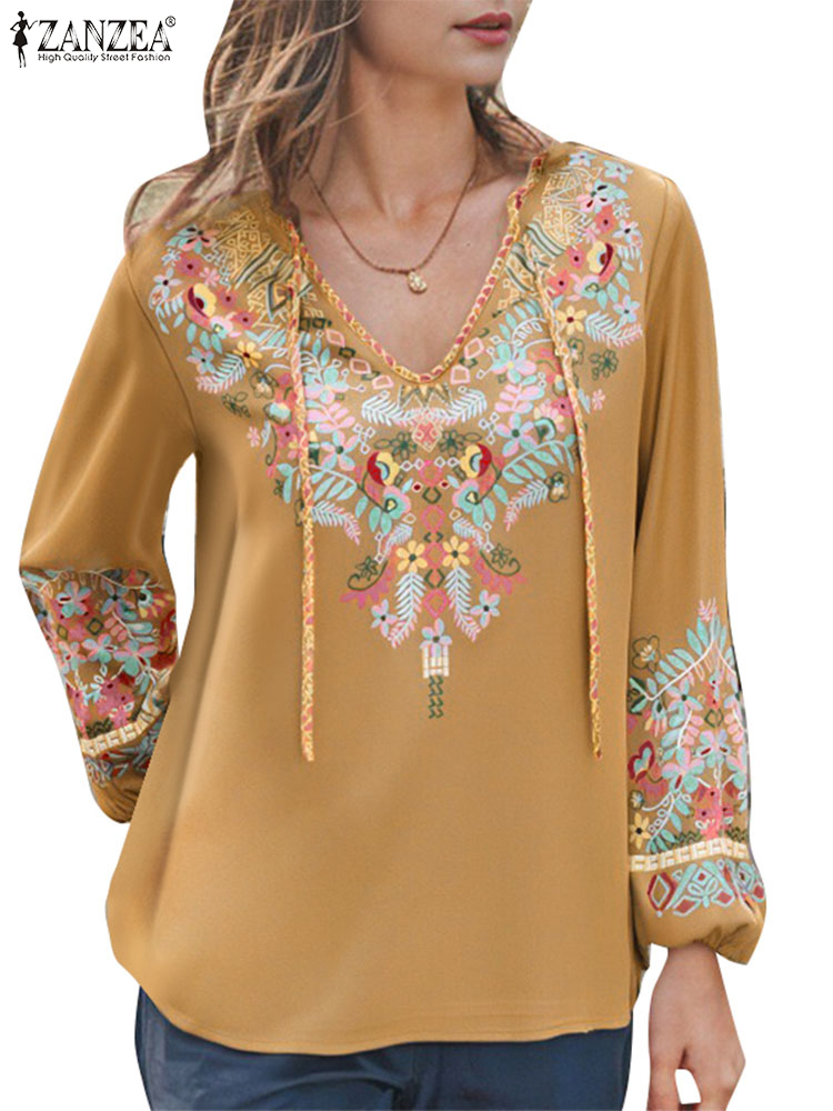 Zanzea lente blouse met bloemenprint, bohemian shirts, casual damesblouses met lange mouwen, v-hals tops met vetersluiting, tuniek