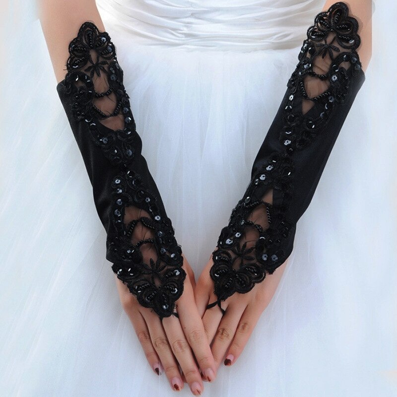Gants De Mariée Longs Sans Doigts – Perles Et Nœud – Blanc – Taille Unique