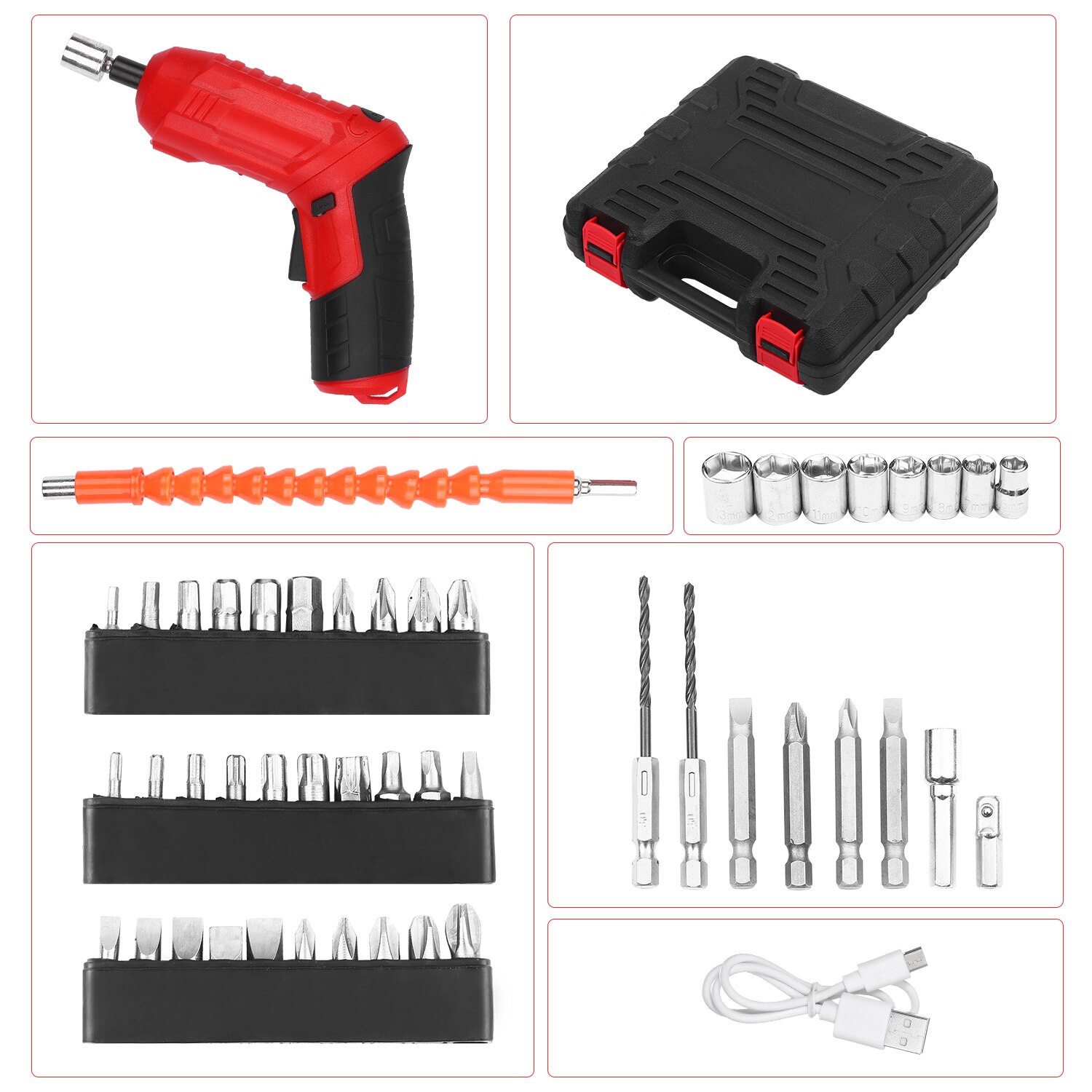Cordless Screwdriver 47Pcs 3.5Nm Electric Screwdriver Set 3.6V 1800mAh USB Rechargeable Ratchet Wrench Front LED 2 Position