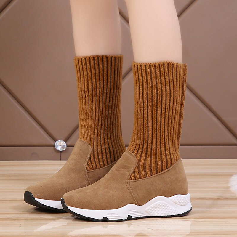 Dam sock boots ankel boots dam mjuka vända snö boots kvinnor päls plysch platåskor