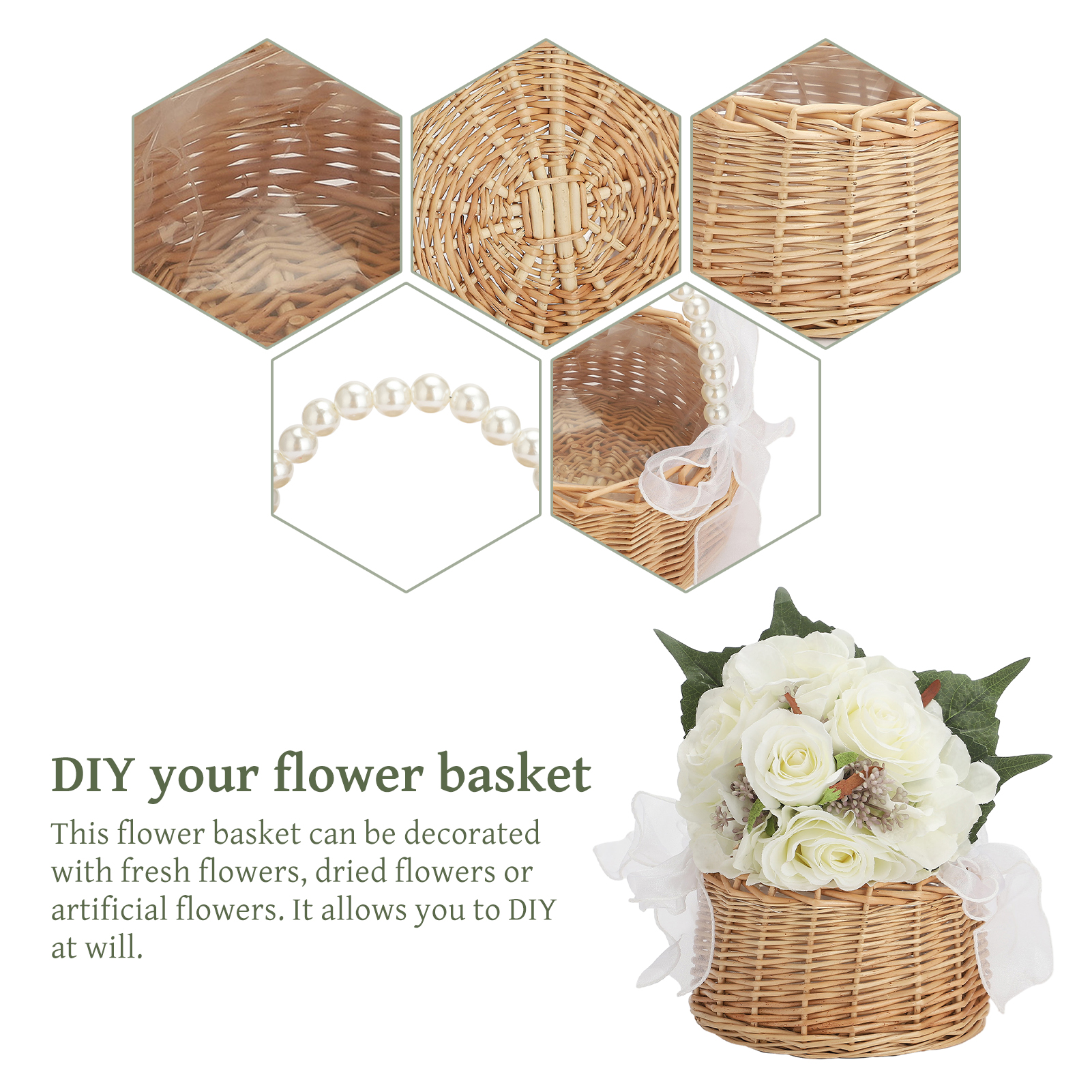 Mir de rangement en rotin tissé à la main pour fille, panier à fleurs, perle, princesse, fait main, maison, décoration de mariage