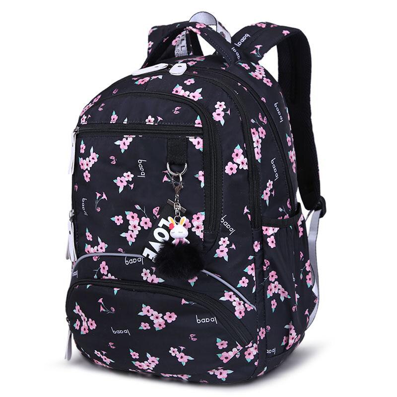 Grand cartable mignon, sac à dos pour élèves, sac imprimé étanche, cartable d&#39;école primaire pour filles adolescentes: Black flower