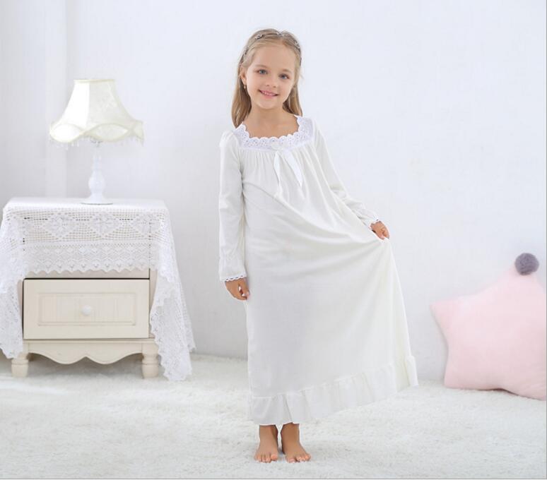 Camisón de algodón para niñas otoño blanco rosa lazo niñas camisón de manga larga niños ropa de cómodo ropa de casa