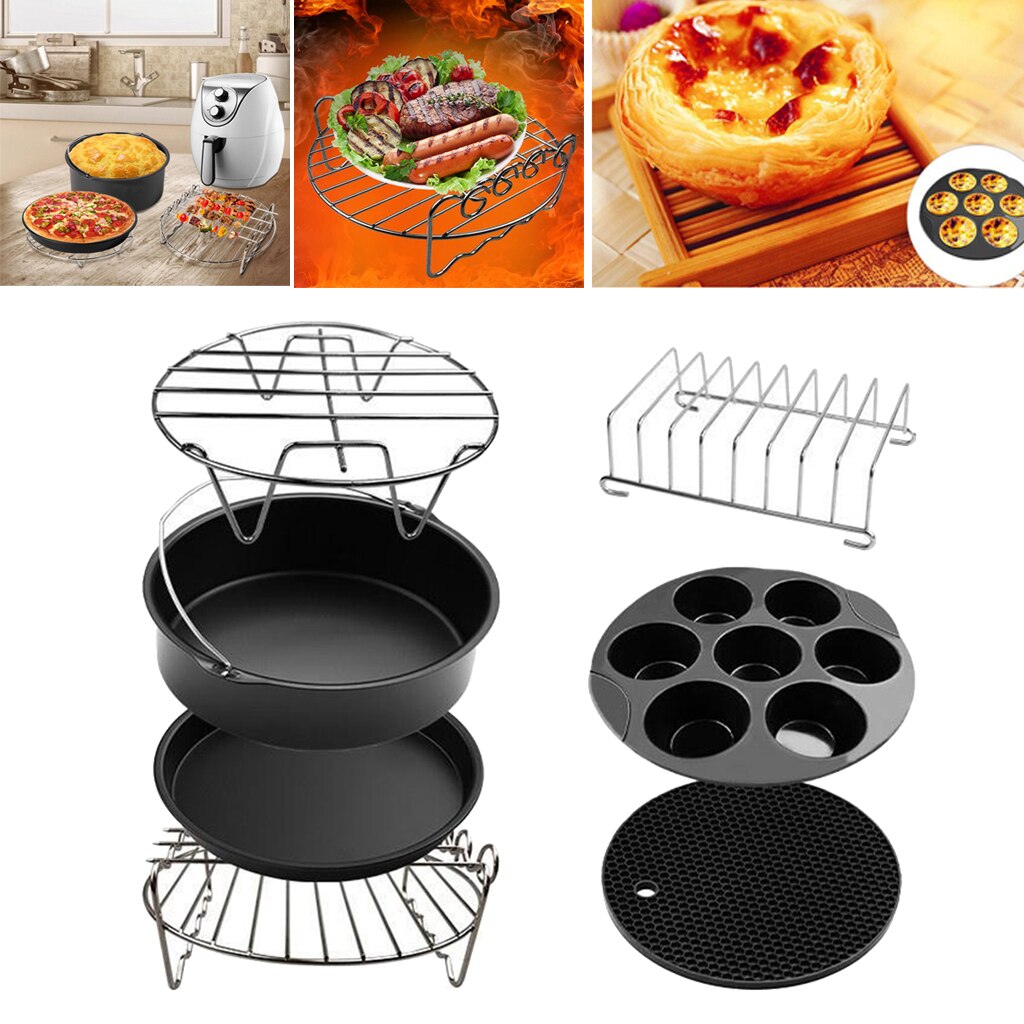 Set Van 7 Lucht Friteuse Accessoires 8Inch, Cake Vat, Pizza Pan, Cakevorm, Rack, siliconen Mat