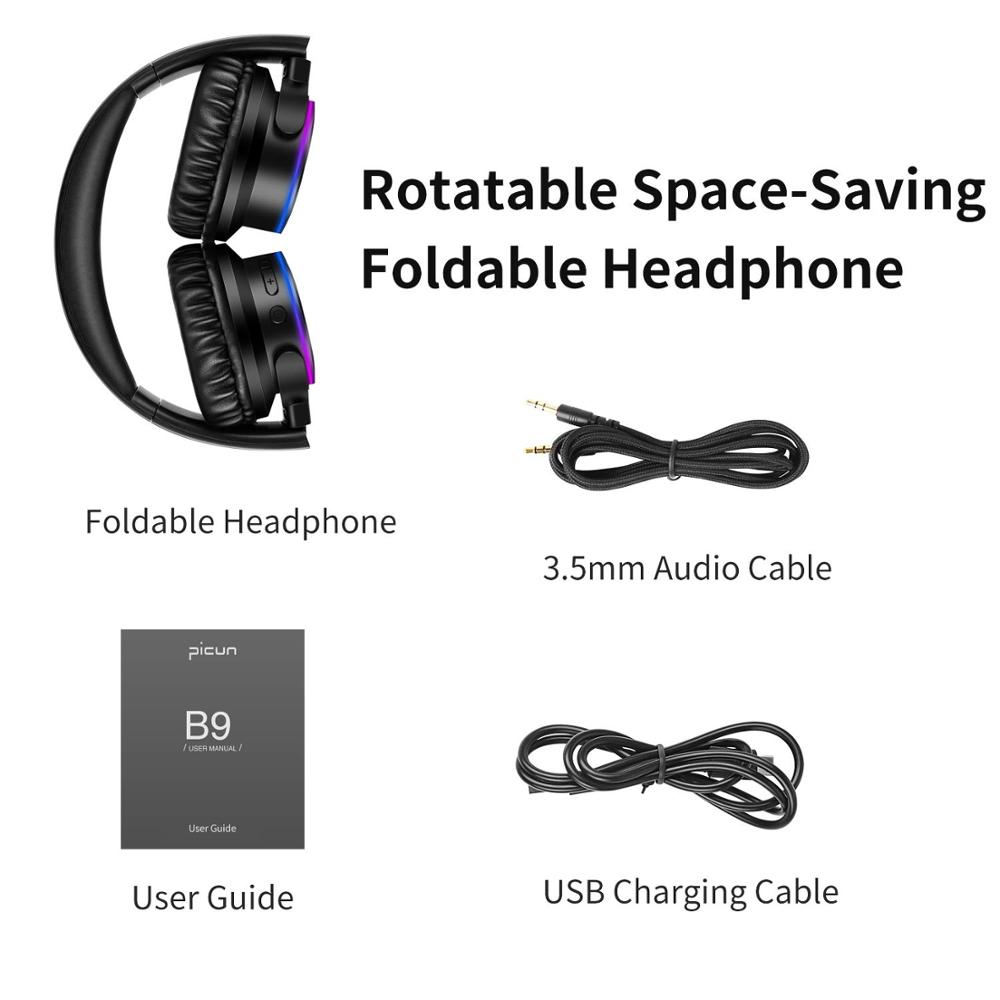 Picun  b9 trådløse bluetooth 5.0 hodetelefoner med mikrofon 40h spilletid dyp bass øretelefoner sammenleggbare hodesett for tv pc mobiltelefon