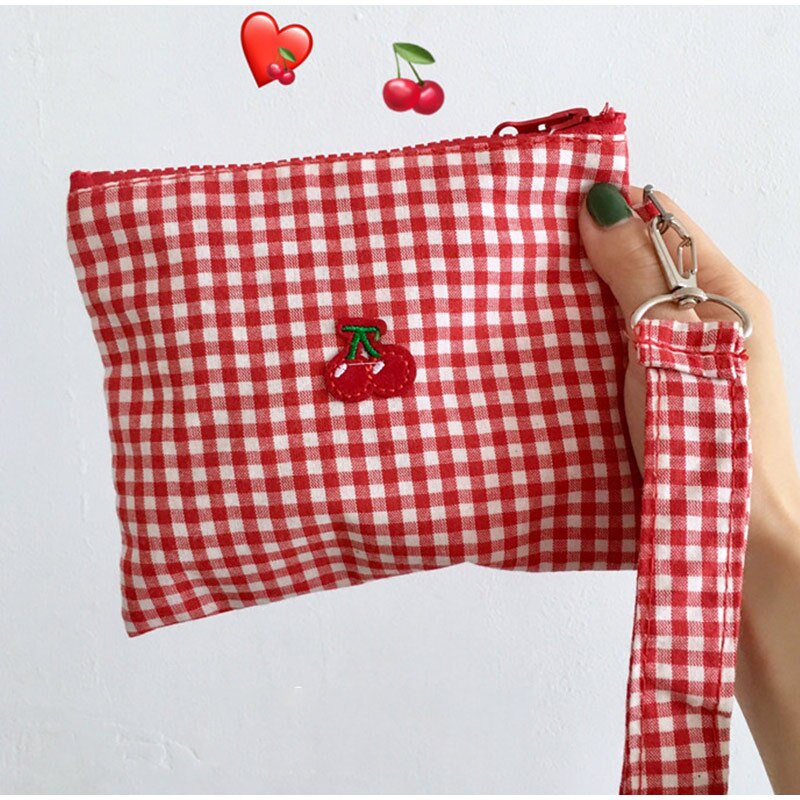 Cereza algodón rojo a cuadros bolso de tela de cuerda mujeres niñas dulce cremallera bolsos de hombro titular de la tarjeta mini bolsa de maquillaje caso: single cherry