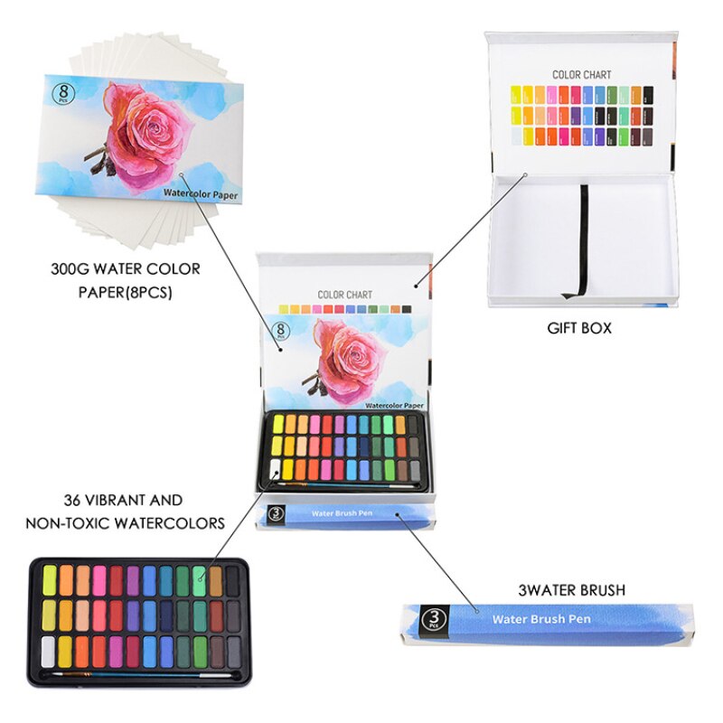 Professionelle Feste Aquarell Malen Set 36 Farben Kunst Set Mit Wasser Pinsel Stift Aquarell Malerei Pigment A2001-5