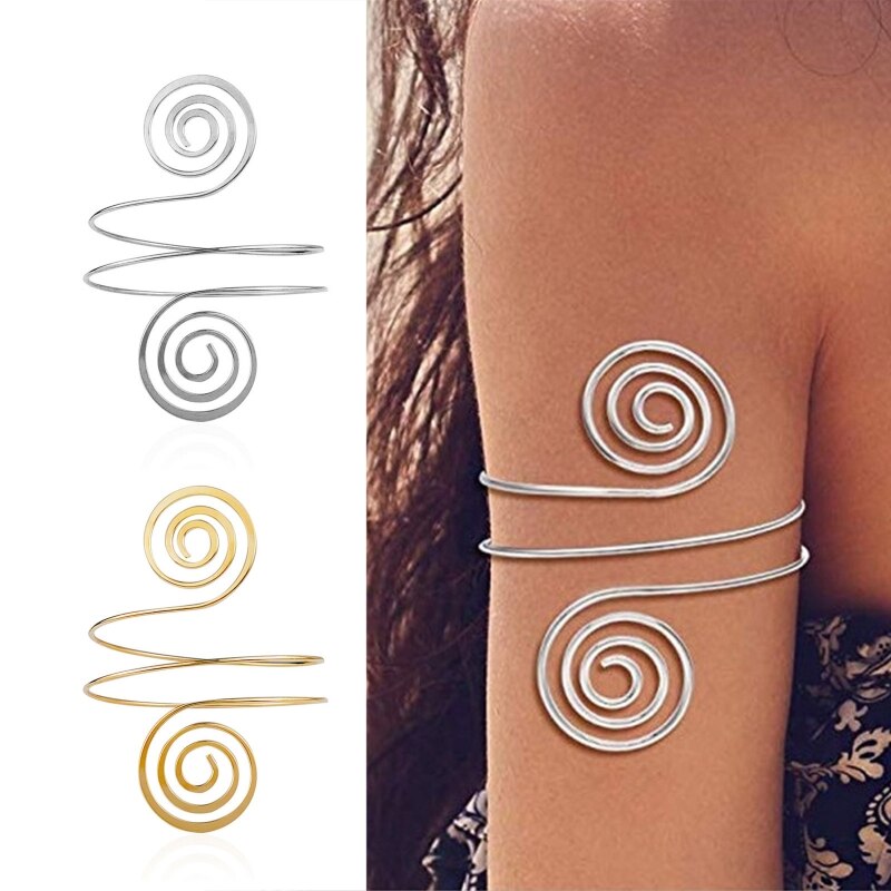 Alloy Spiral Armband Swirl Upper Arm Cuff Armlet Bangle Bracelet Egyptian Costume Accessory for Women Gold Silver Color