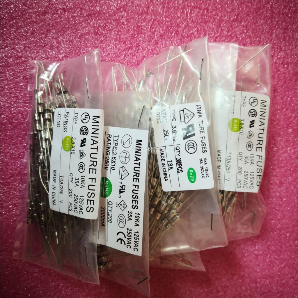 200PCS 0,5 EINE 1A 1,5 A 1,6 A 2A 2,5 EINE 3A 3,15 EINE 4A 5A 6,3 EINE 8A 10A 15A 250V 3.6*10mm Miniatur Sicherungen 3,6 x10 Axial Blei Keramik Sicherung