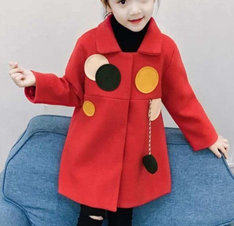 Børn pige & #39 ;s uldfrakke efterår og vinter mellemlang patchwork baby uld pige jakke: Rød / 110cm