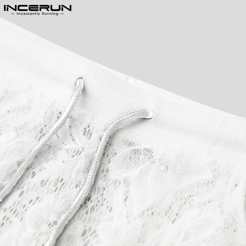 Mannen Slapen Broek Kant Rits Patchwork Homewear Trekkoord Transparante Sexy 2022 Mannen Broek Zakken Slaap Bodems S-5XL Incerun