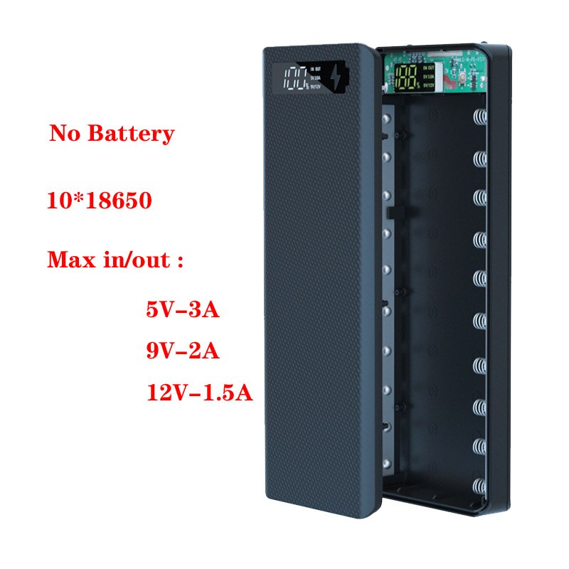 Pd Diy Power Bank Case 10*18650 Battery Charger Box Qc Quick 18650 Batterij Houder Dual Usb Mobiele Telefoon lader Shell Geen Batterij: Quick Charge Black