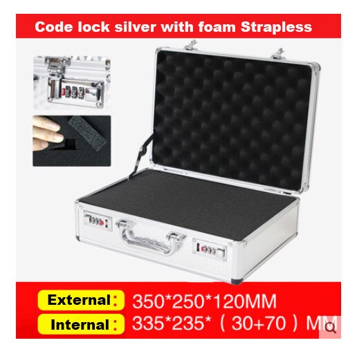 Aluminum alloy tool case portable cipher box Tool safe File box Hardware Equipment Box Multi-function Large size with lock: silver with foam