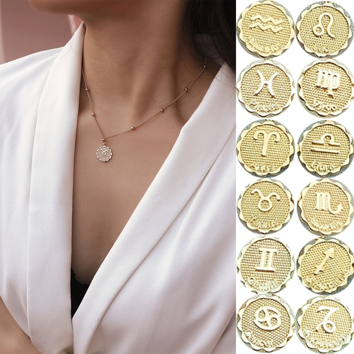 12 Constellation Necklace Zodiac Stainless Steel Coin Necklace Necklaces Pendants Jewelry