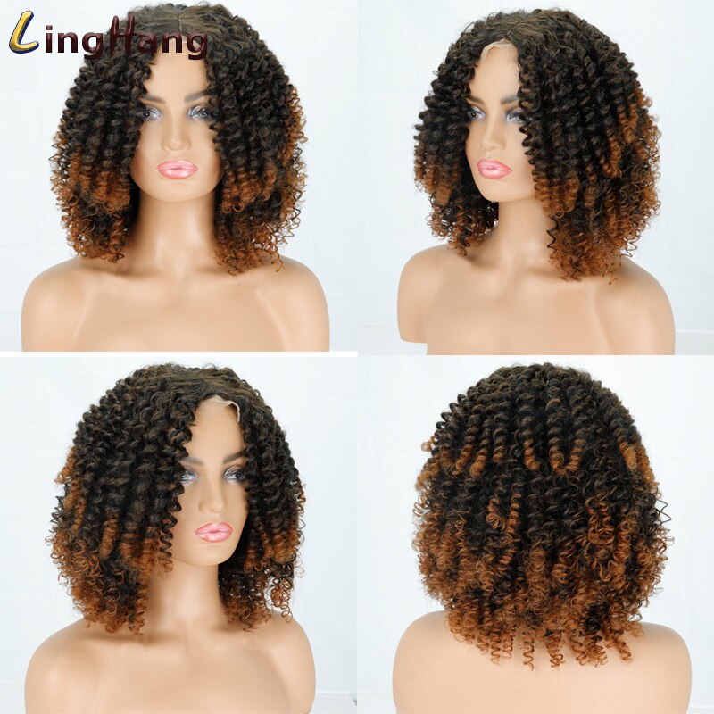 Linghang 14Inches Afro Kinky Krullend Pruik Synthetische Korte Pruik Gemengde Blonde Lace Pruik Voor Zwarte Vrouwen Daily Pruik: T1B/613