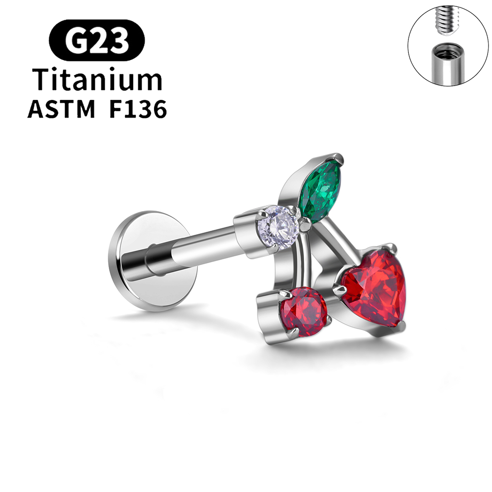 G23 Titanium Sneeuwvlok Kers Hartvorm Platte Achterkant Stud Oorbel 16G CZ Oor Tragus Kraakbeen Helix Conch Kwab piercing Sieraden: Rood / Black Gun Plated