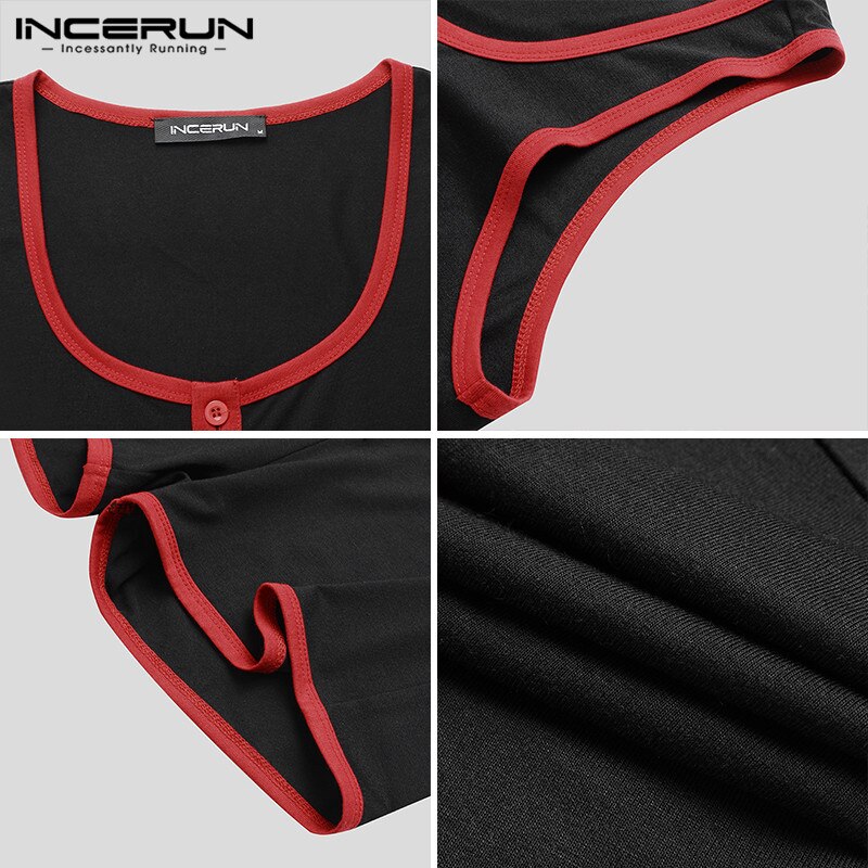 INCERUN Patchwork Onesies Casual Button Jumpsuit Sleepwear Men Sleeveless Romper Pajamas Summer Man Fitness Homewear 5XL