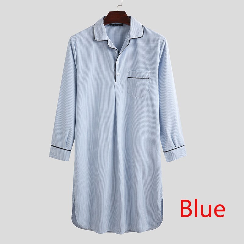 Incerun Plaid Mannen Slaap Gewaden Lange Mouwen Leisure Jurk Nachtjapon Comfortabele Mode Homewear Revers Mannen Badjassen S-5XL: Blue / XL
