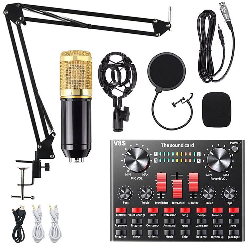 BM800 XlR Microfoon Gelede Arm V8 Live Geluidskaart Podcast BM 800 Condensor Professionele Studio Record Apparatuur Geluidskaart: GRIJS