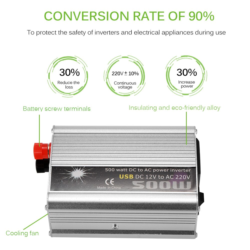500W Car Power Inverter Convert DC 12V To AC 220V Ac Pure Sine Wave Voltage DC 14.5V-15.5V Power Car Micro Inverter