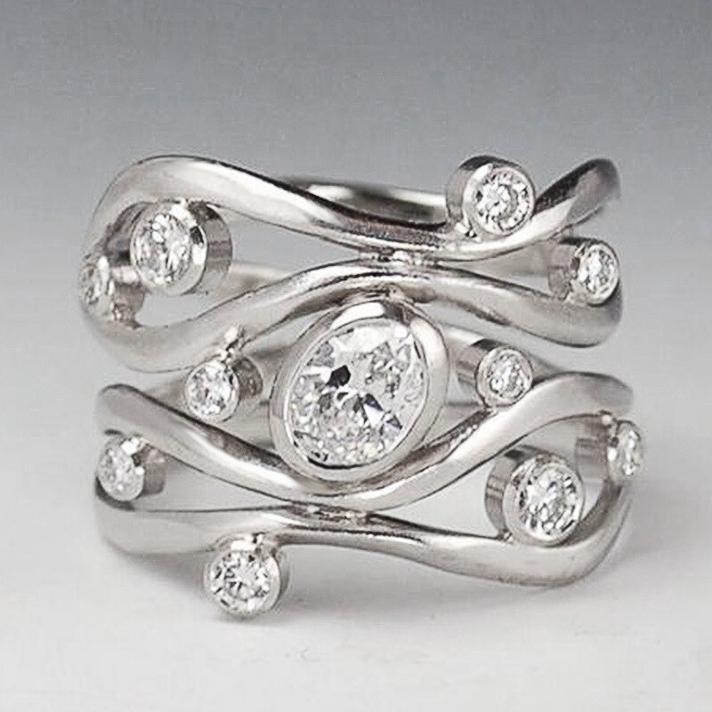 Luxo feminino anel de pedra de cristal branco clássico cor prata casamento grandes anéis para as mulheres na moda oco geométrico anel de noivado