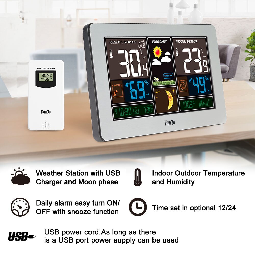 FanJu Weather Station Digital Wall Alarm Clock Table Desk Clocks Thermometer Hygrometer Barometer Wireless Outdoor Sensor FJ3378