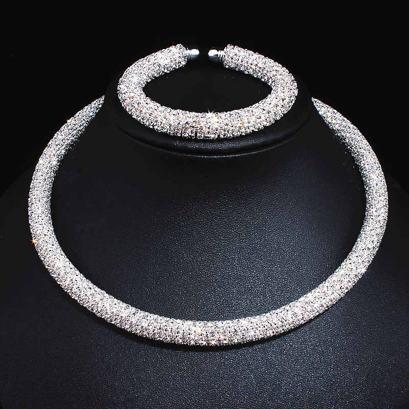 Disign Luxe Maxi Crystal Kraag Ketting Goud/Zilver Plated Rhinestone Draaimomenten Choker Kettingen Voor Vrouwen Bruiloft Sieraden: Silver Set