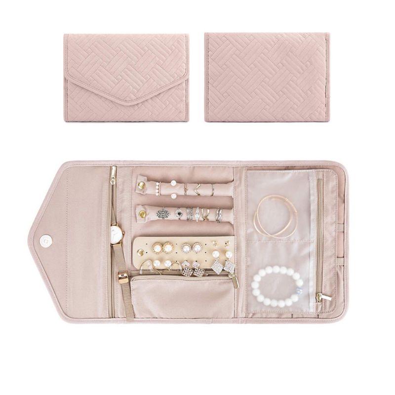 Travel Jewelry Organizer Roll Foldable Jewelry Case for Journey Earrings / Rings / Diamond / Necklaces / Bracelets / Brooches: Pink