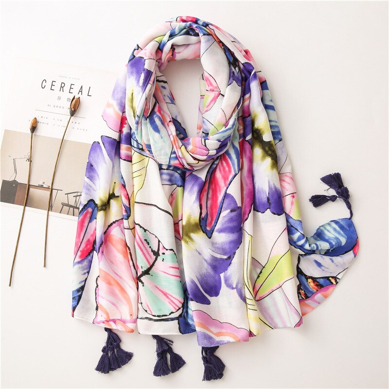 Foulard bohème pour femme, hijab blanc imprimé bohème, écharpe chaude en viscose, marque de luxe, couverture enveloppante pour femme: Style 13
