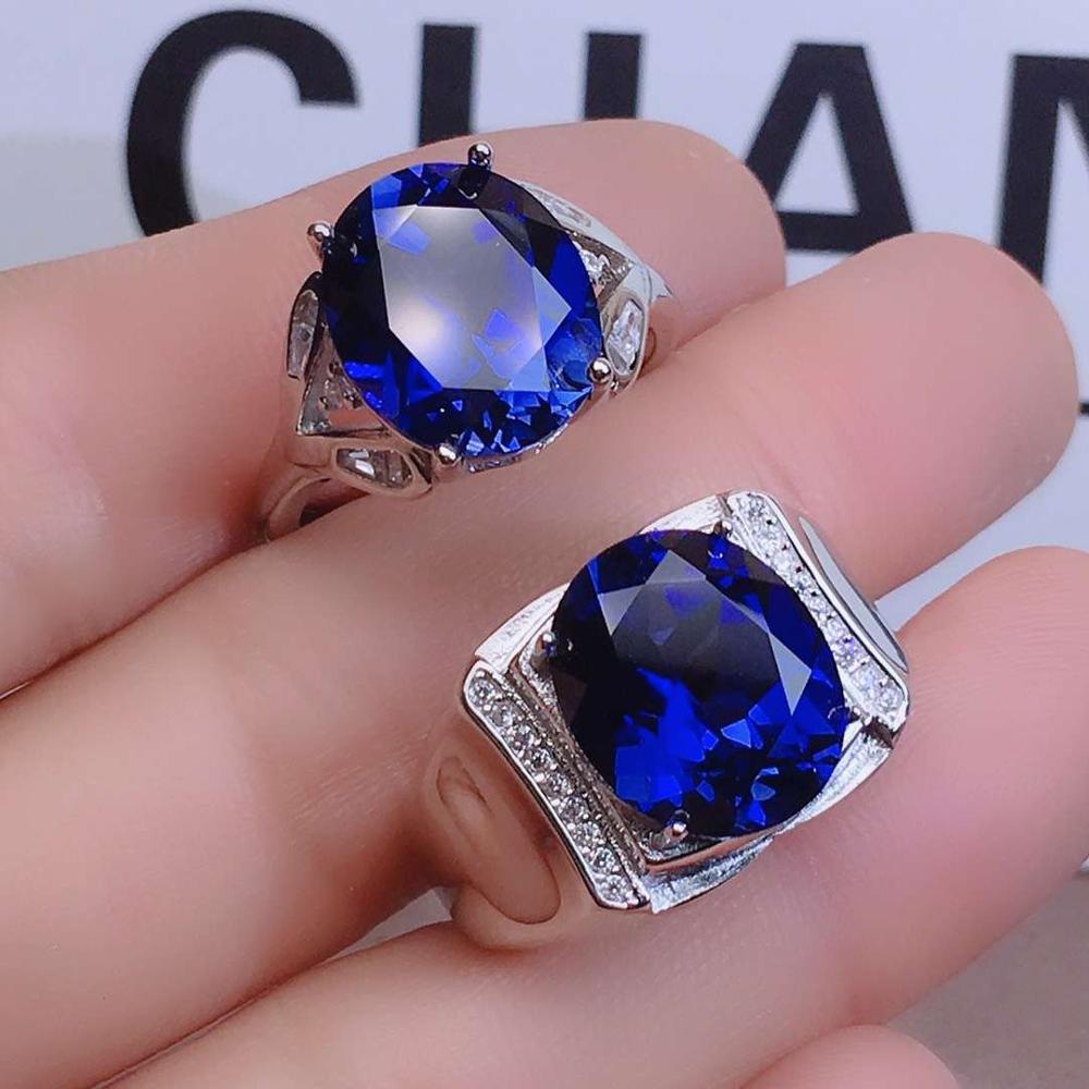 Blu di cristallo pietre preziose zaffiro anelli di diamanti per le donne degli uomini paio di bianco oro argento dei monili di colore bijoux bague regali di nozze