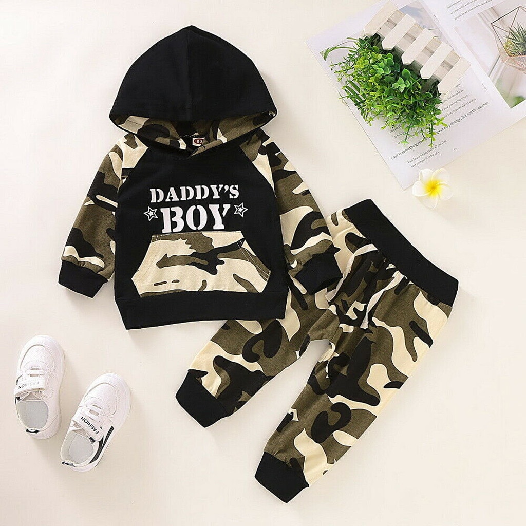 Pasgeboren Baby Baby Boy Brief Hoodie T-shirt Tops + Camouflage Broek Outfits Set Peuter Lange Mouw Modieuze Winter Kleding