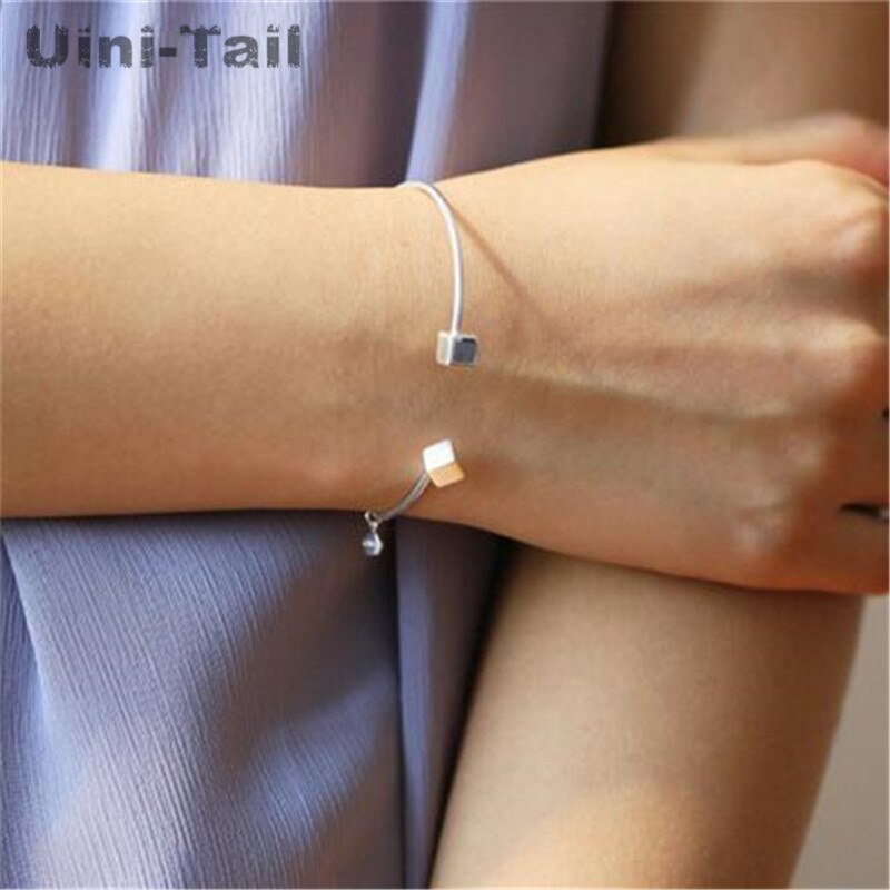 Uini-Tail 925 Sterling Silver Korean Glossy heart Sugar Cube Open Bracelet Lettering Tag Bracelet