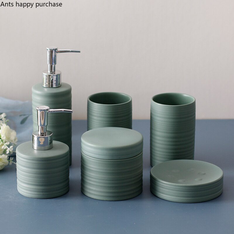 Green Bathroom Wash Set Ceramic Bathroom 6-piece Set Jewelry Box Cotton Swab Box Soap Dish Lotion Bottle Mouth Cup Toiletries