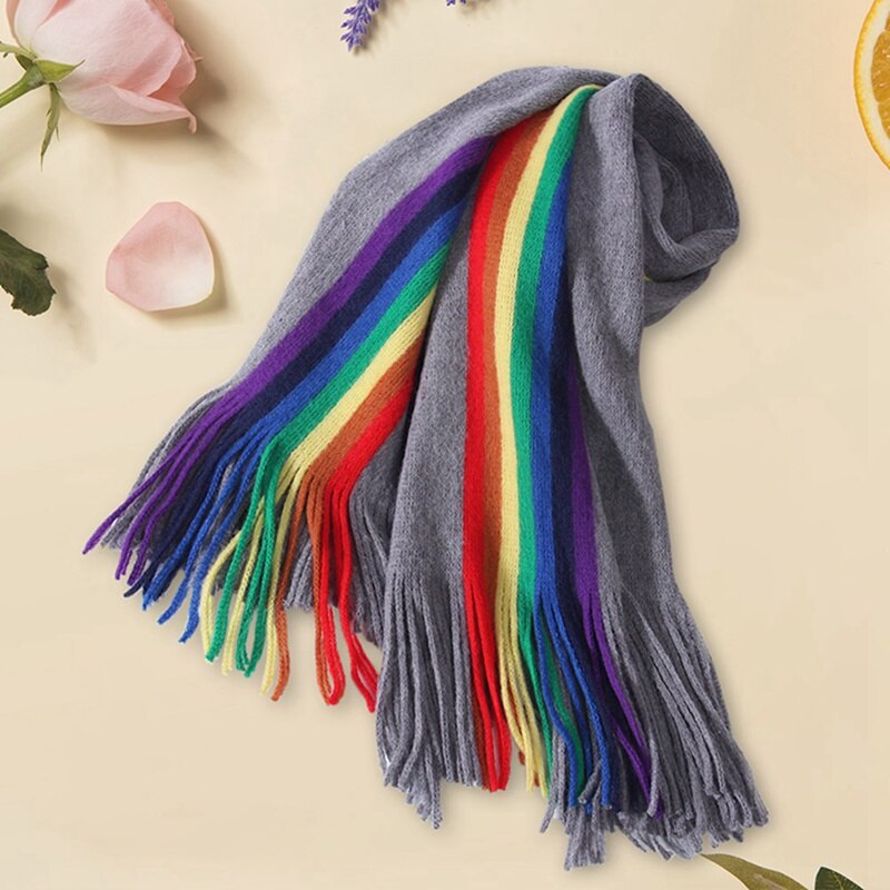 Chal bufanda de gran tamaño a rayas LGBT arco iris para mujer con borlas envolturas de Manta abrigadas de invierno 190*40cm