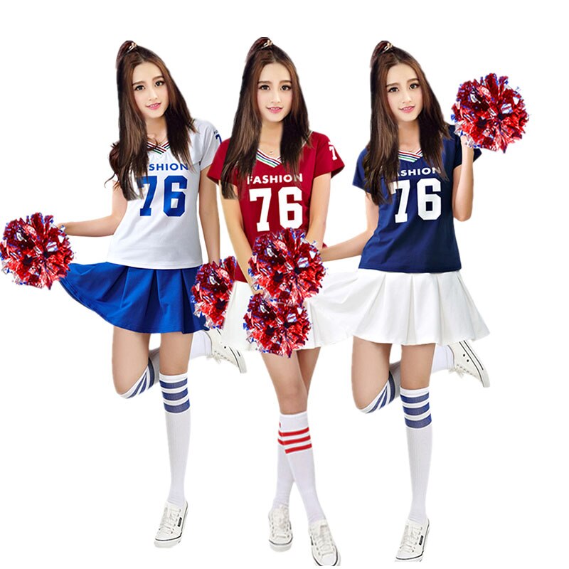 (2 pcs of Pom Poms+1 costumes +1 Socks)College High School Cheerleader Clothing Football Campus Style Student Uniform