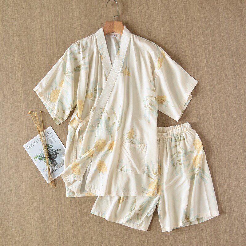 Zomer Japanse Stijl V-hals Pyjama Set Comfort Gaas Katoen Korte Mouw + Shorts 2 Stuks Homewear Vrouwen Zoete casual Wear: yellow floral / L