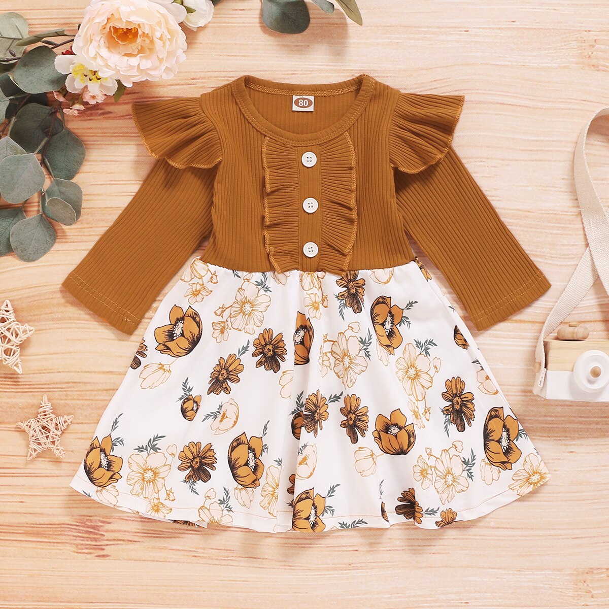 Infant Kids Baby Meisje Patchwork Jurk, Peuter Lange Mouw Ronde Hals Decoratieve Knop Geribbelde Jurk Ruche Kleding