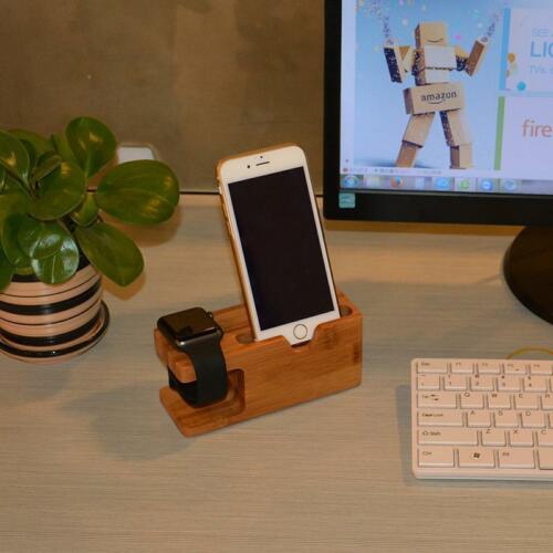 Bambus opladnings dock opladerholder stativ til apple watch iwatch iphone mobiltelefon holder
