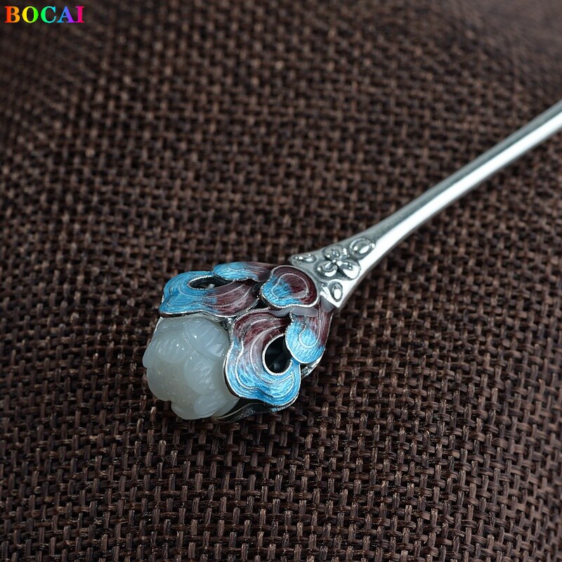Bocai  s925 haaraccessoires aus sterlingsilber, cloisonné lutos totem jade kopfschmuck, reines silber haarnadel-charm-schmuckstück für damen