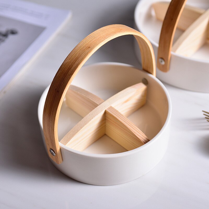Nordic Ceramic Candy Dish Nut Candy Baskets Multi-grid Dried Fruit Nut Snack Storage Plates Kitchen Decorative Tray with Handle